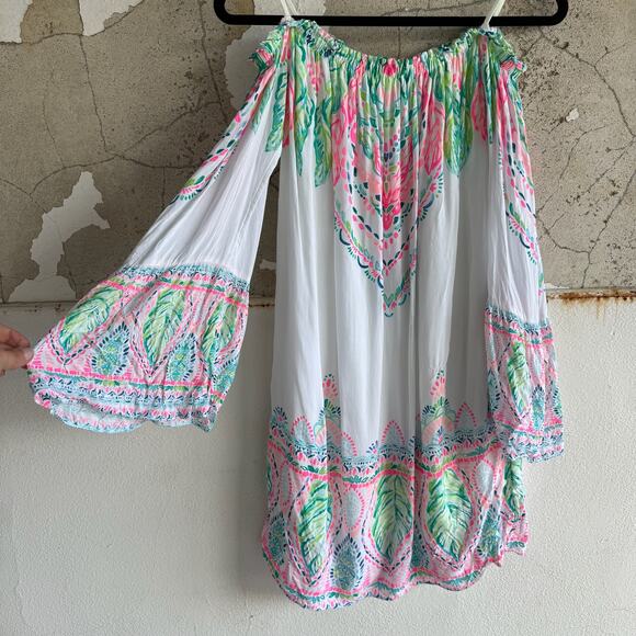 Lilly Pulitzer Boho‎ Resort Off Shoulder Mini Dress Leaf Print Rayon Small